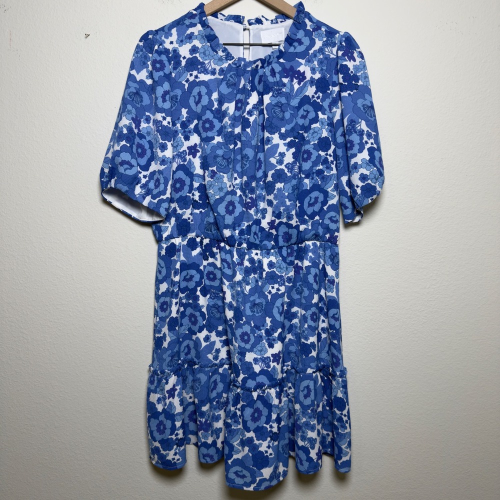 Sugarlips‎ Women Valerie Mini Tiered Dress XL Blue Floral White Ruffle Neck Boho